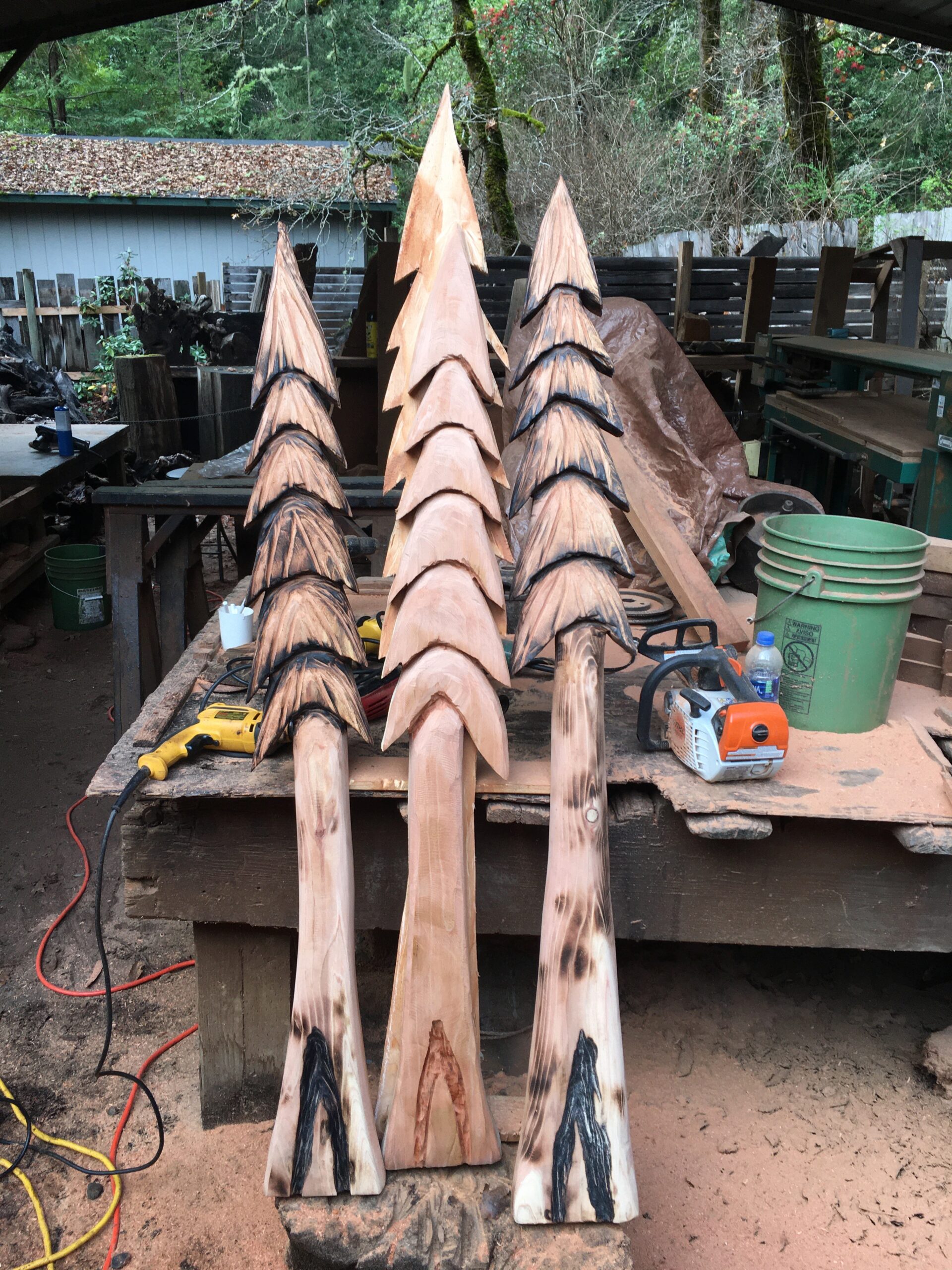 carved redwood accent trees